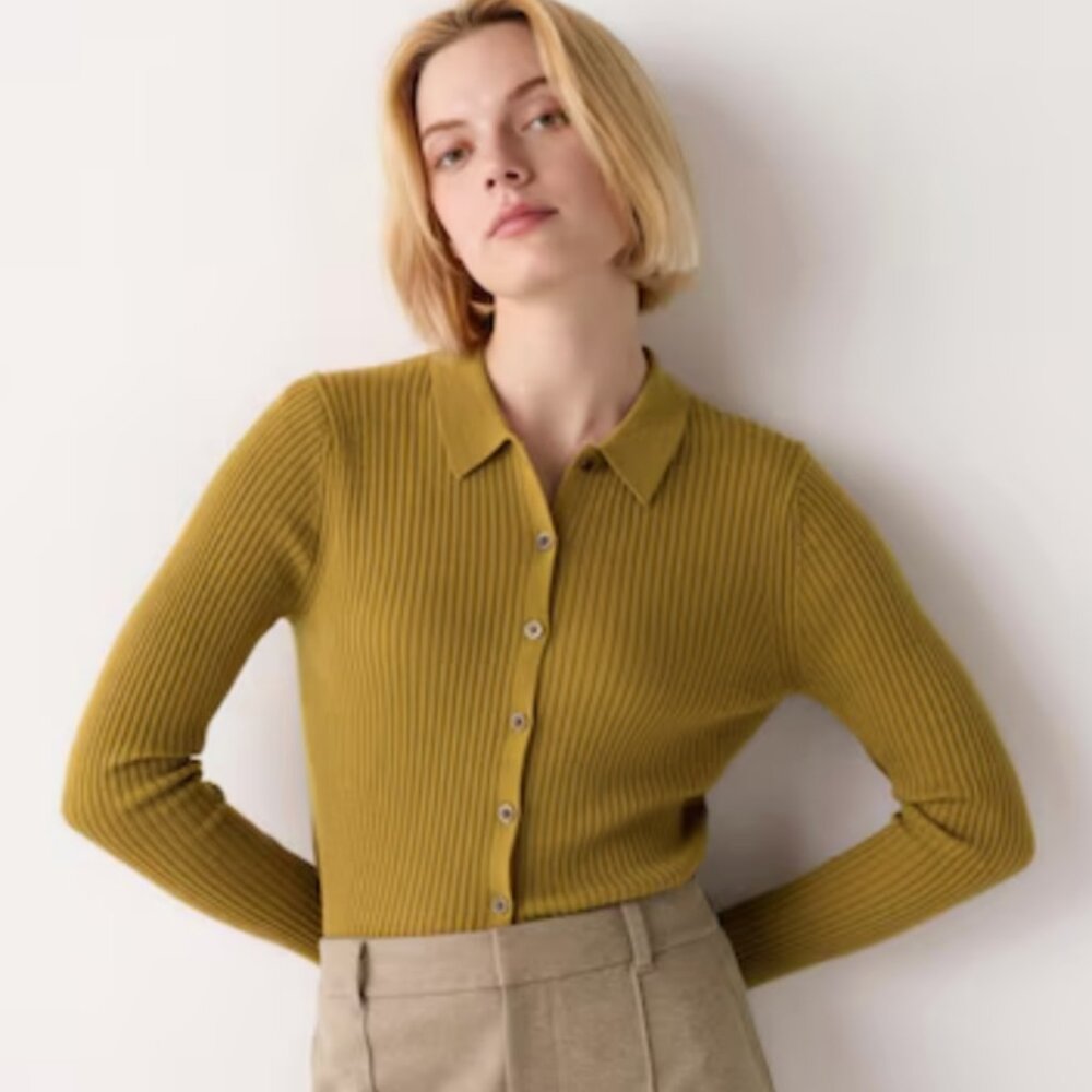 Uniqlo Yellow/Green Ribbed Polo Cardigan Women Size L